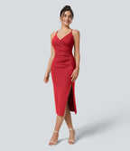 Robe moulante SoftlyZero™ Airy fendue à effet frais InstantCool, brassière intégrée, dos nu croisé à lacets, légèrement plissée pour invitée de mariage et demoiselle d'honneur