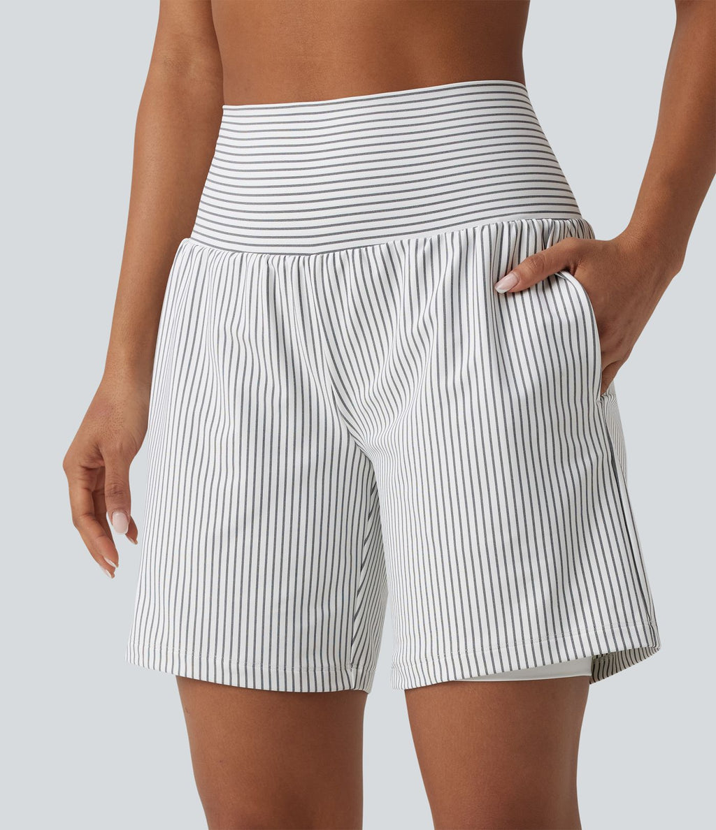 Short yoga 2-en-1 à rayures taille super haute 17,5 cm avec poches