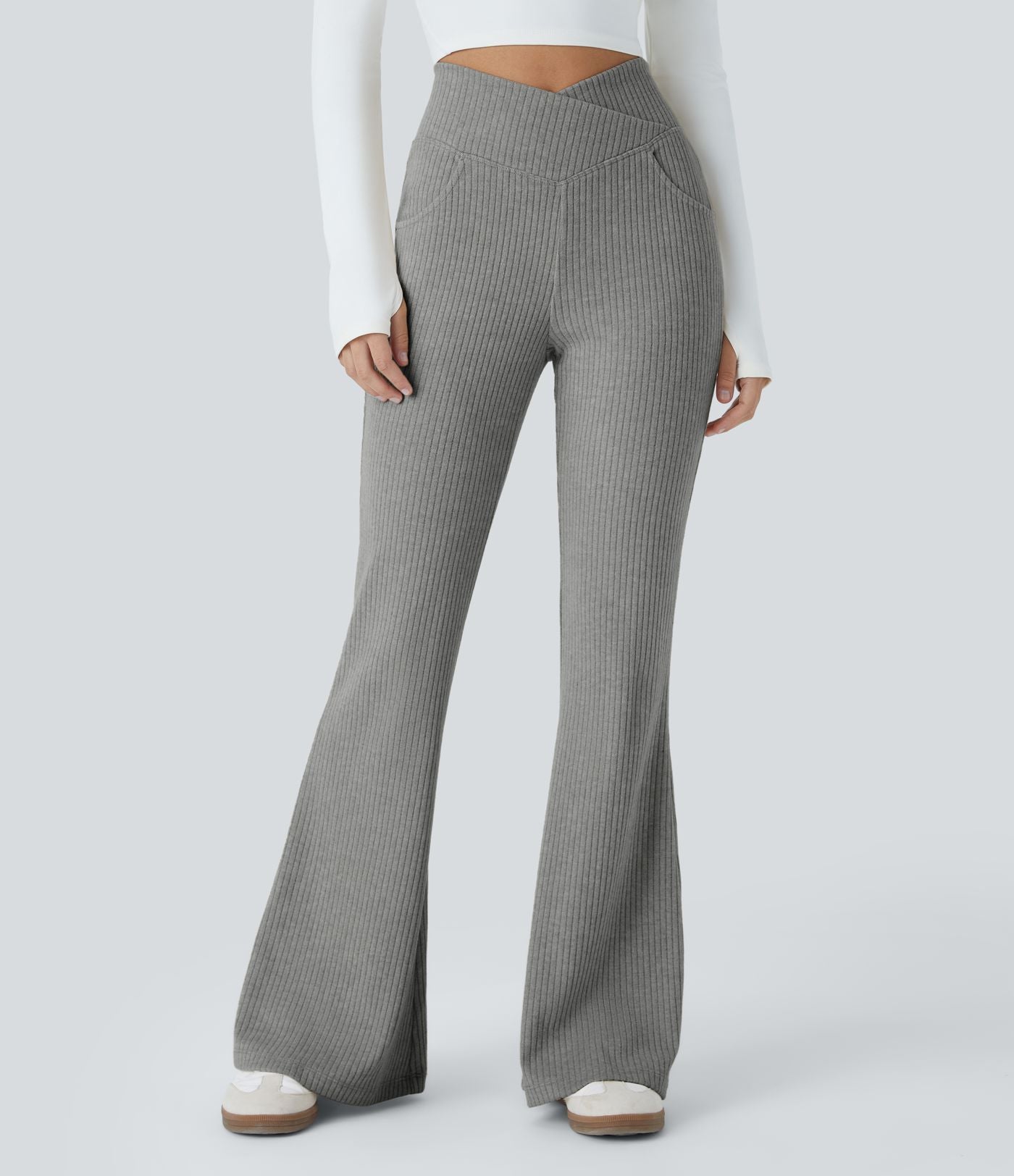 Pantalon Taille Haute Casual Évasés en Tricot Côtelé avec Poches Latérales et Croisé