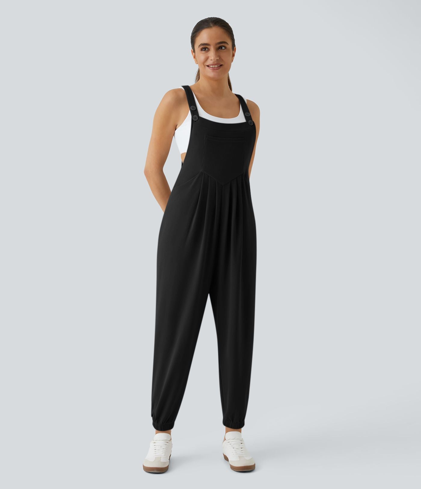 Salopette Casual Bretelles Ajustables Boutonnés Multiples Poches Plis et Tissu Gaufré