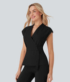 Veste short tailleur à col V, sans manches, portefeuille et ceinture