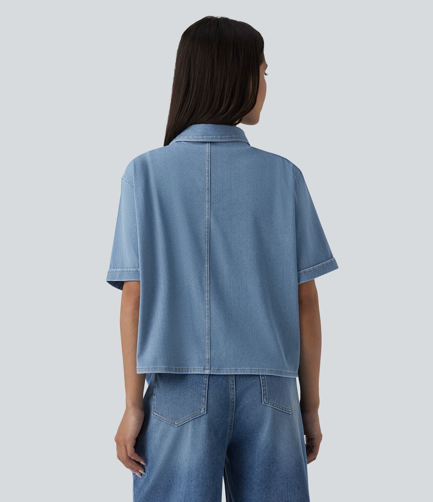 Halara Flex™ Chemise casual à manches courtes en denim lyocell drapé avec poches