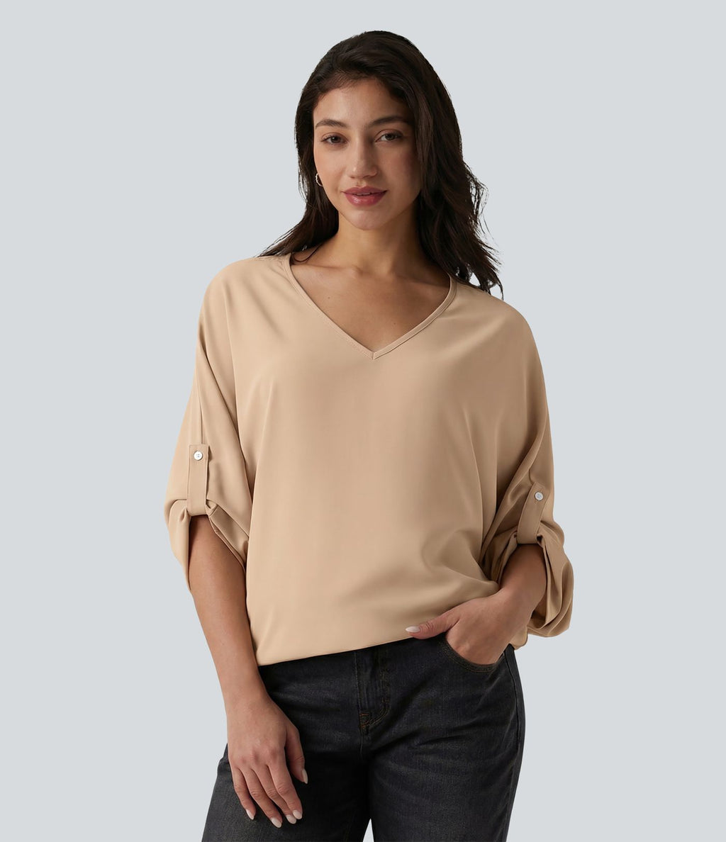 Blouse esprit bureau défroissage facile, col V et manches longues