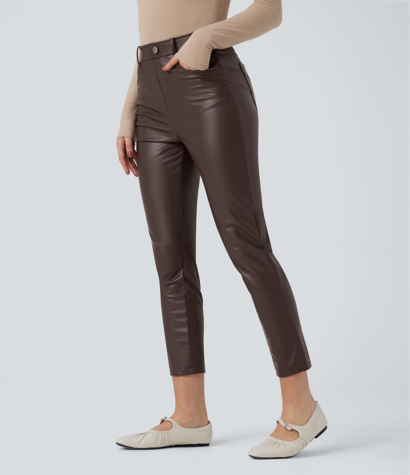 Pantalon simili cuir décontracté fuselé 7/8 taille mi-haute polaire extensible avec poches