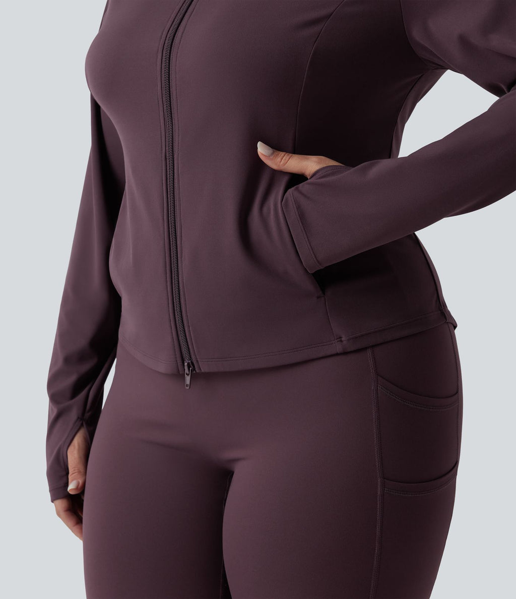 SoftlyZero™ Veste de randonnée grande taille ajustée zippée plissée à col montant avec passants pouces et poches - UPF50+