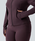 SoftlyZero™ Veste de randonnée grande taille ajustée zippée plissée à col montant avec passants pouces et poches - UPF50+