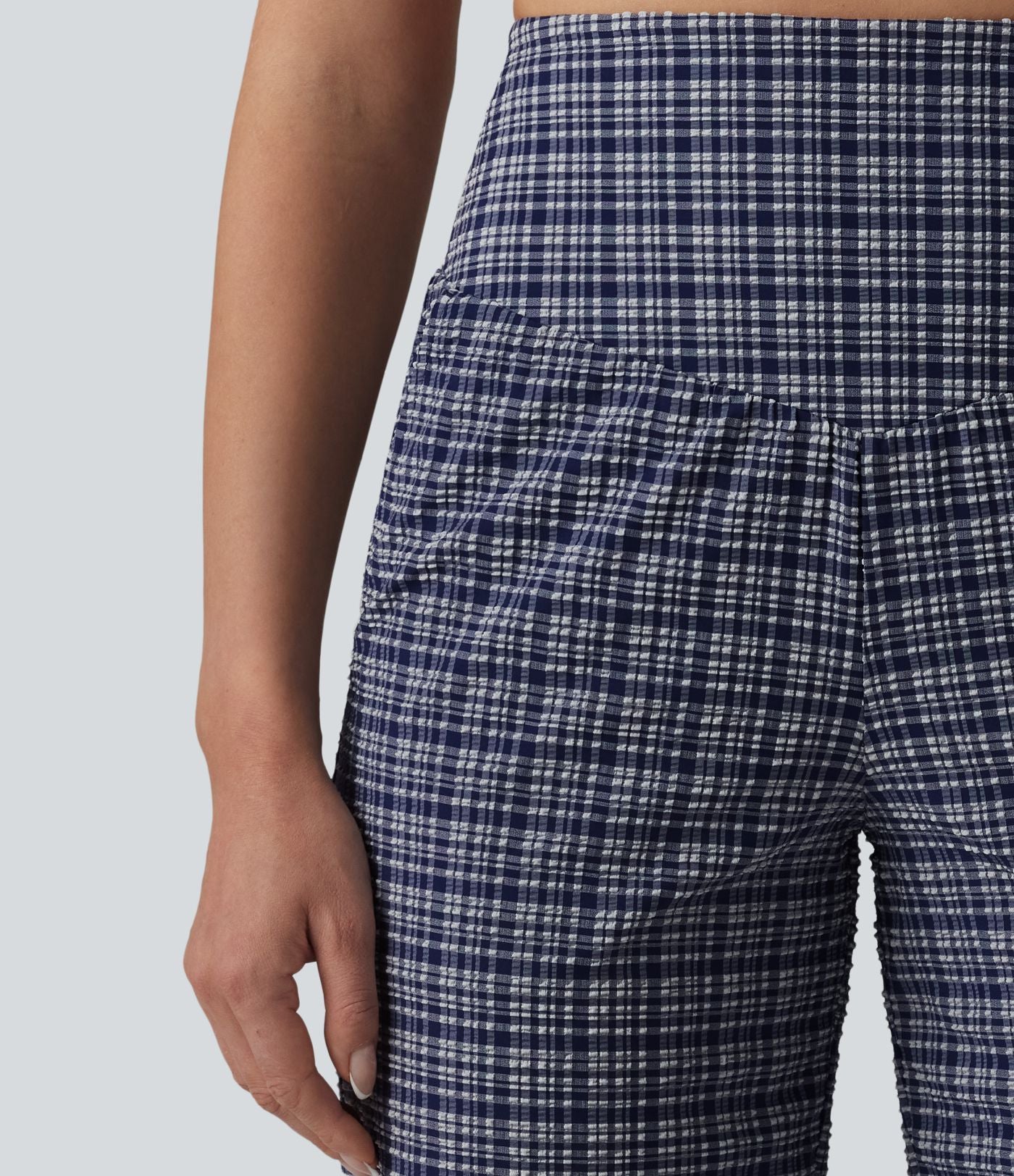 Pantalon large taille haute ventre plat à carreaux en tissu froissé séchage rapide avec poches