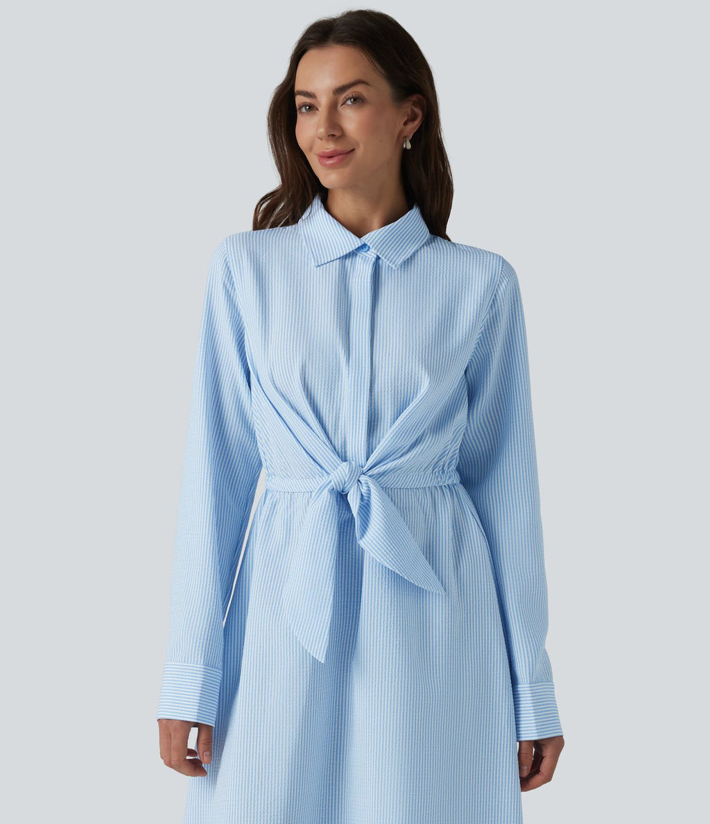 Robe chemise midi habillée à col, manches longues, lien à nouer devant et rayures