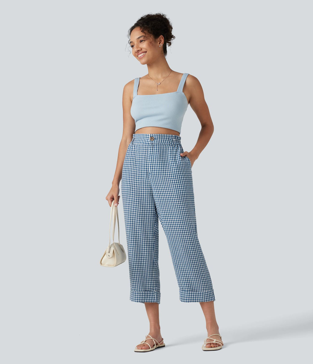 Pantalon 7/8 décontracté aspect lin à carreaux taille haute avec poches