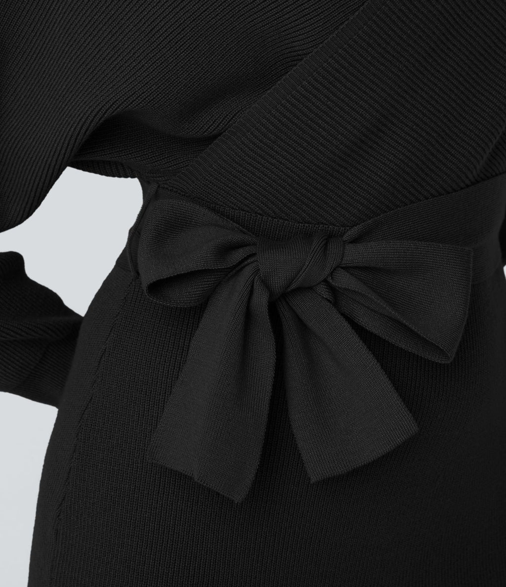Robe-pull courte décontractée à col V croisé, manches chauve-souris longues et ceinture