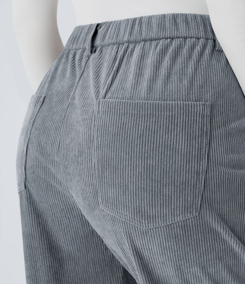 Pantalon décontracté en velours côtelé avec taille mi-haute, boutons et fermeture éclair