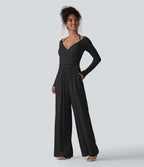 Combinaison casual en maille côtelée dos nu noué épaules dénudées manches longues avec soutien-gorge intégré et poches
