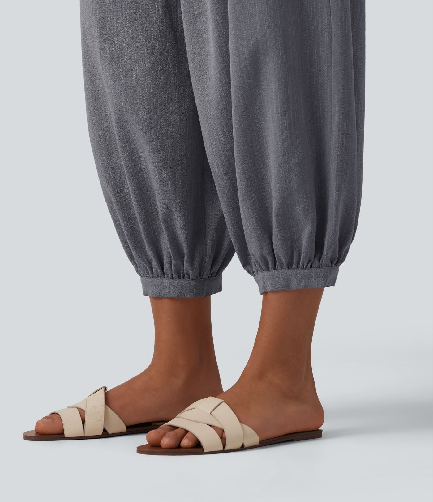 Pantalon décontracté coupe ballon taille haute aspect lin avec poches