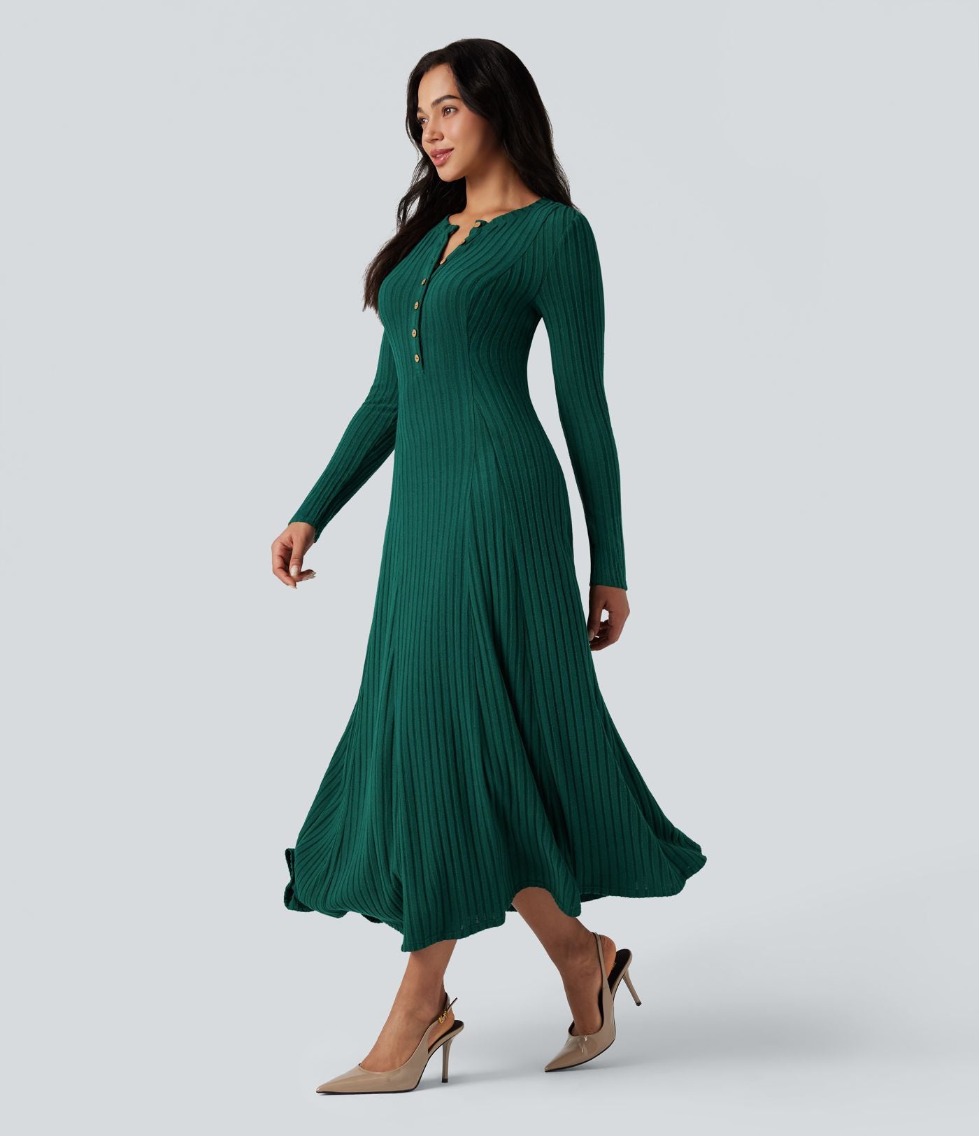 Robe longue fluide maille côtelée col henley manches longues