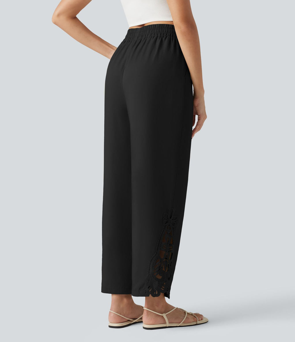 Pantalon large fluide décontracté taille haute à cordon de serrage en lyocell mélangé lin avec poches