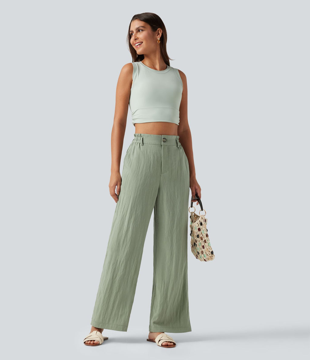Pantalon décontracté taille haute à jambes larges en mélange de lin avec poches