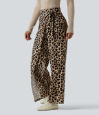Pantalon tailleur large taille haute imprimé léopard avec liens latéraux