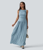 Robe longue fluide casual col bateau à bretelles asymétriques et fronces en maille côtelée avec poches
