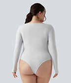 Body grande taille maille côtelée col carré manches longues ajusté