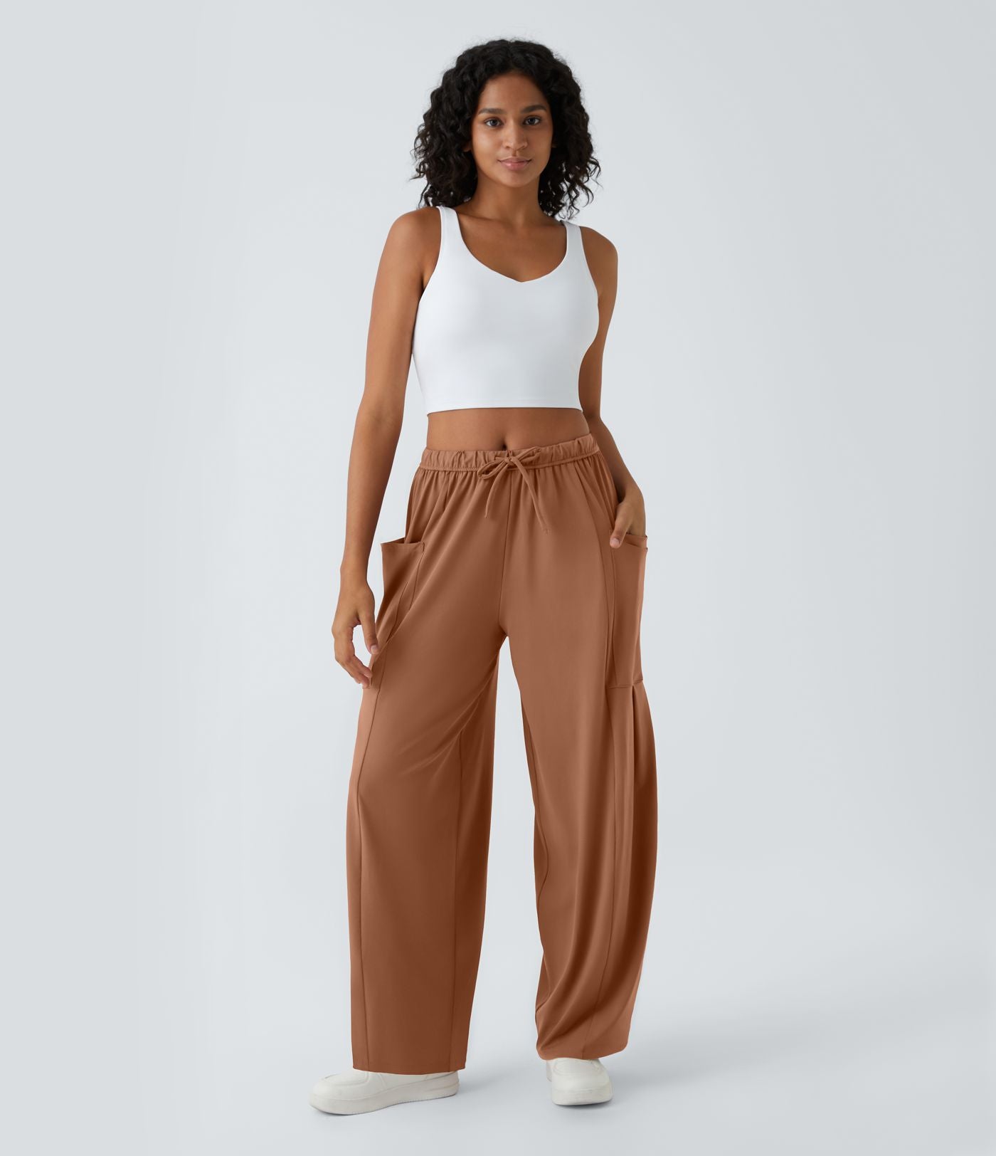 Pantalon Large Fluide Taille Mi-Haute Taille Élastique Cordon Poches Latérales Ourlet Flottant