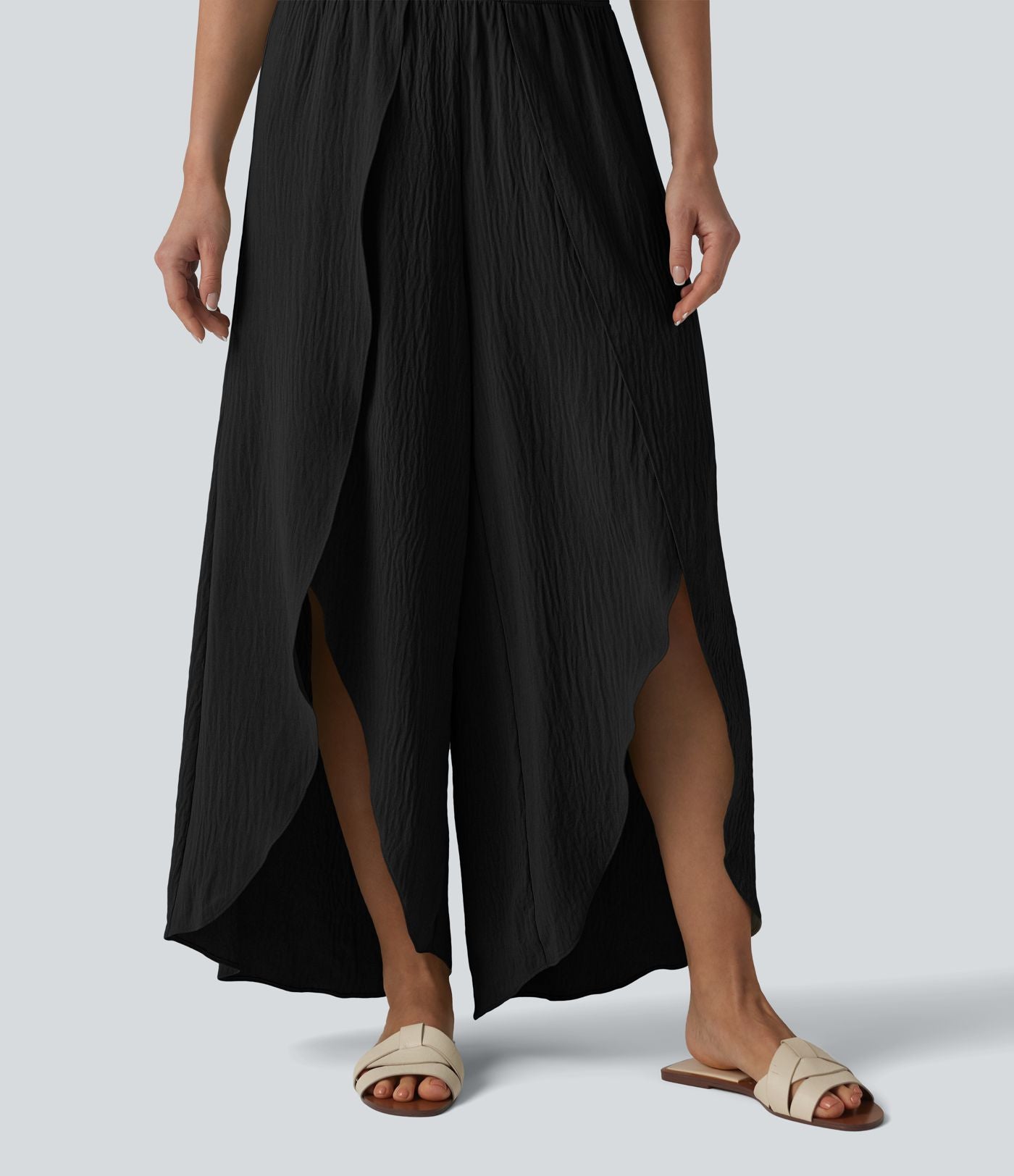 Pantalon large fluide décontracté taille haute aspect lin