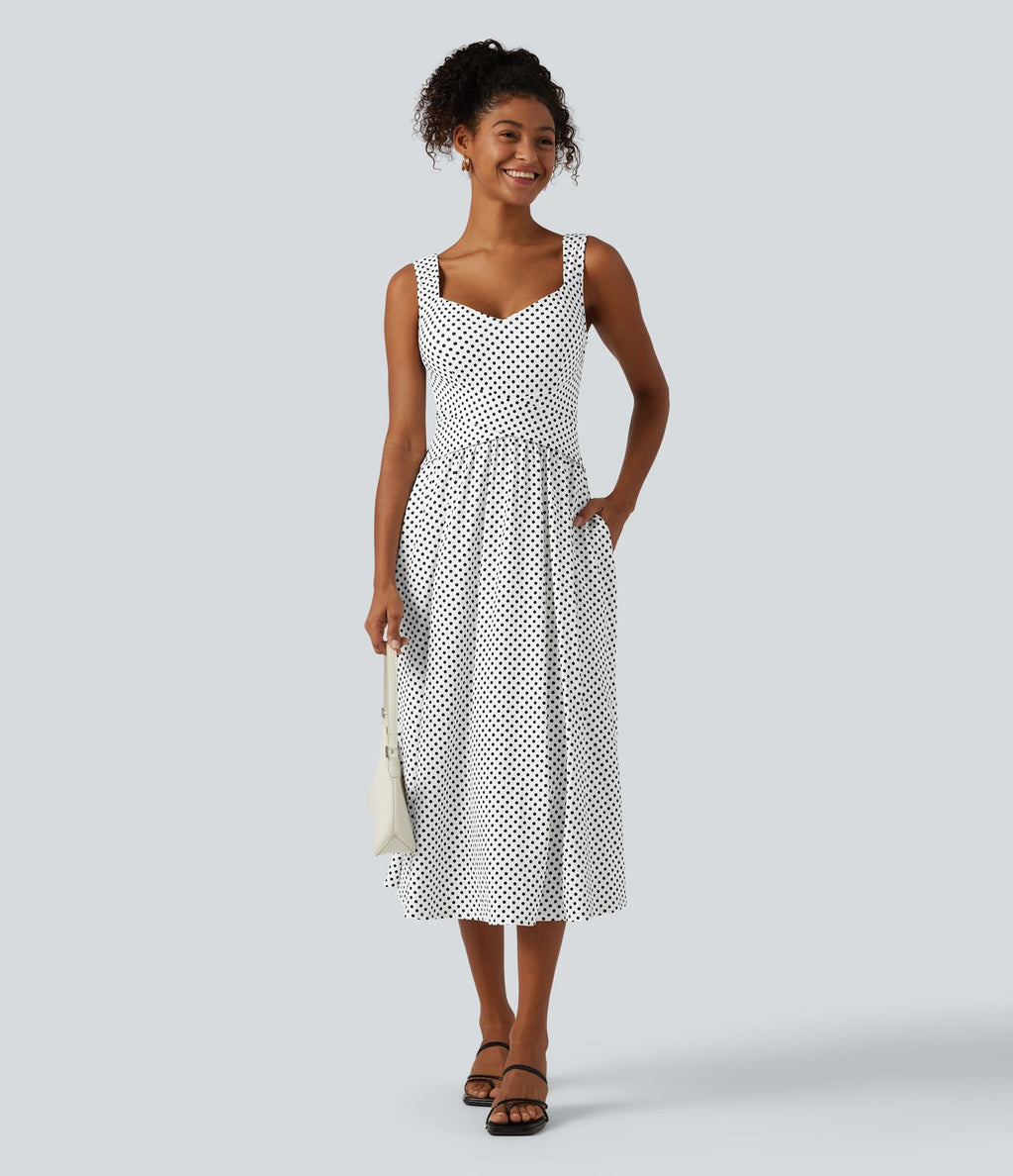 Robe midi casual fluide à pois sans manches dos nu avec brassière intégrée croisée et poches - Bonnets DD-F