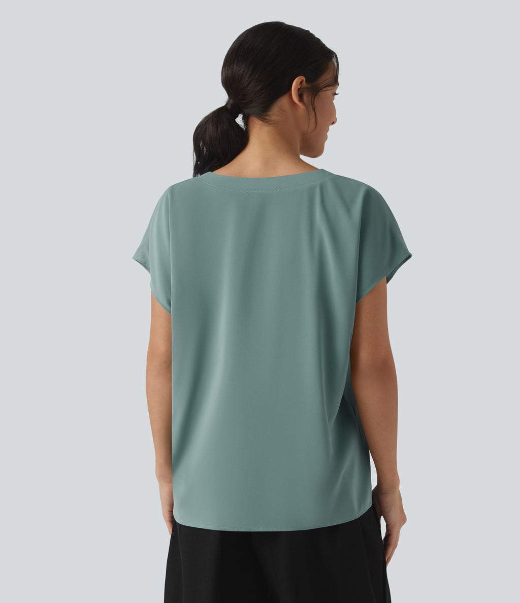 Blouse esprit bureau oversize défroissage facile, col V et manches courtes