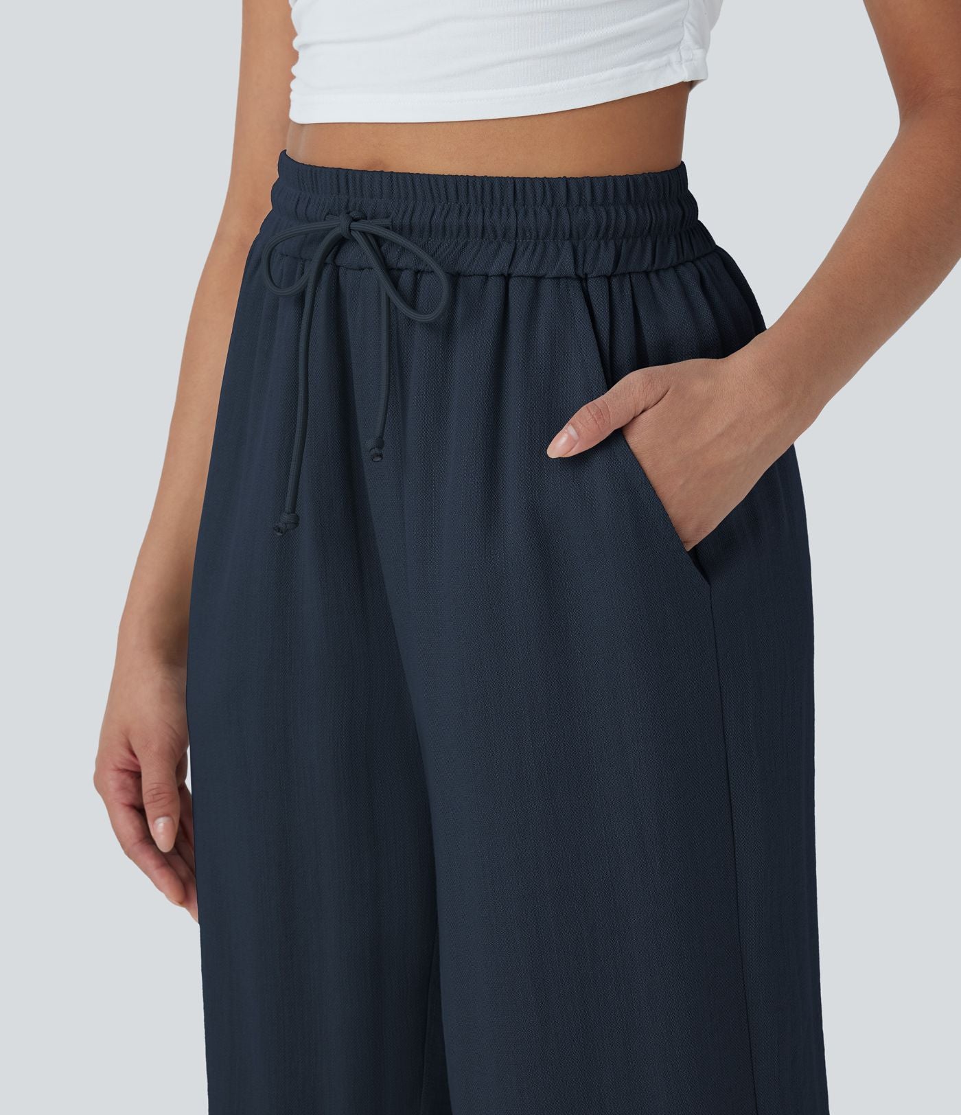 Pantalon décontracté aspect lin 7/8 à taille haute, jambe large avec cordon de serrage et poches latérales