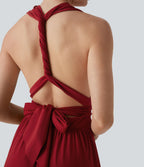 Robe longue de soirée col V, manches courtes, dos croisé à nouer, fendue avec poche latérale