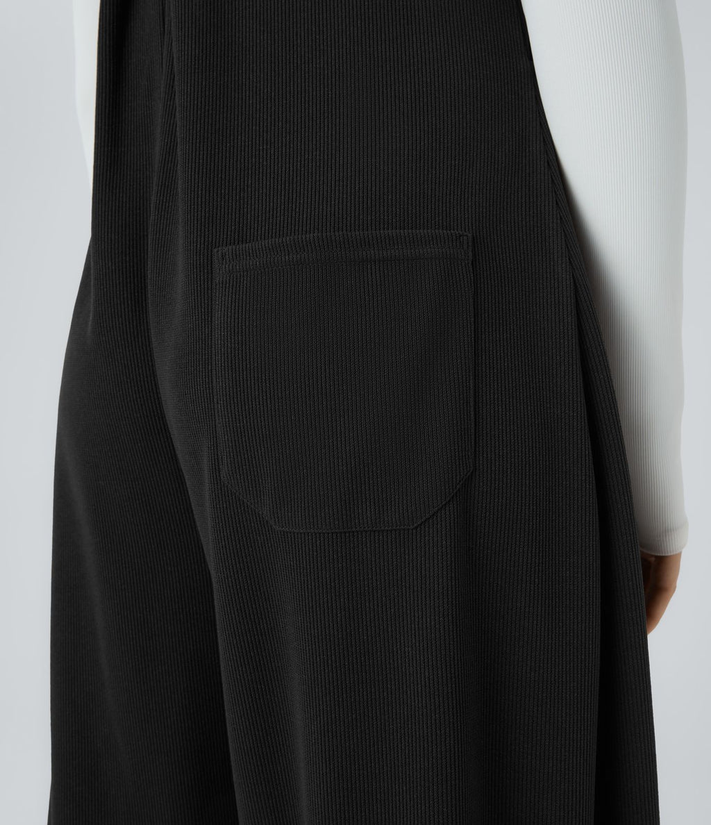 Salopette Casual à Bretelles Ajustables en Tricot Côtelé avec Multiples Poches Plissée