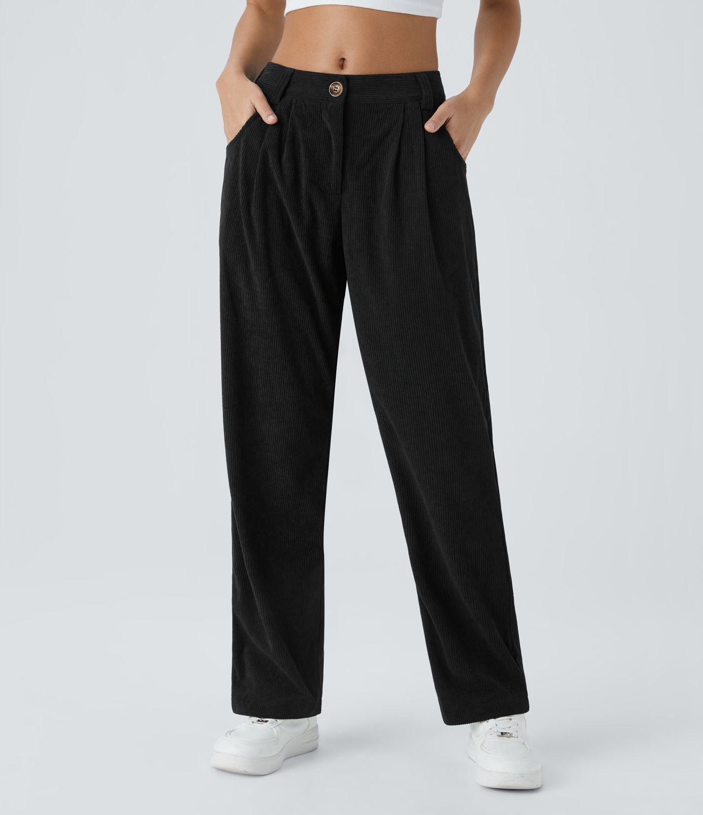 Pantalon en velours côtelé décontracté taille moyenne avec poches latérales