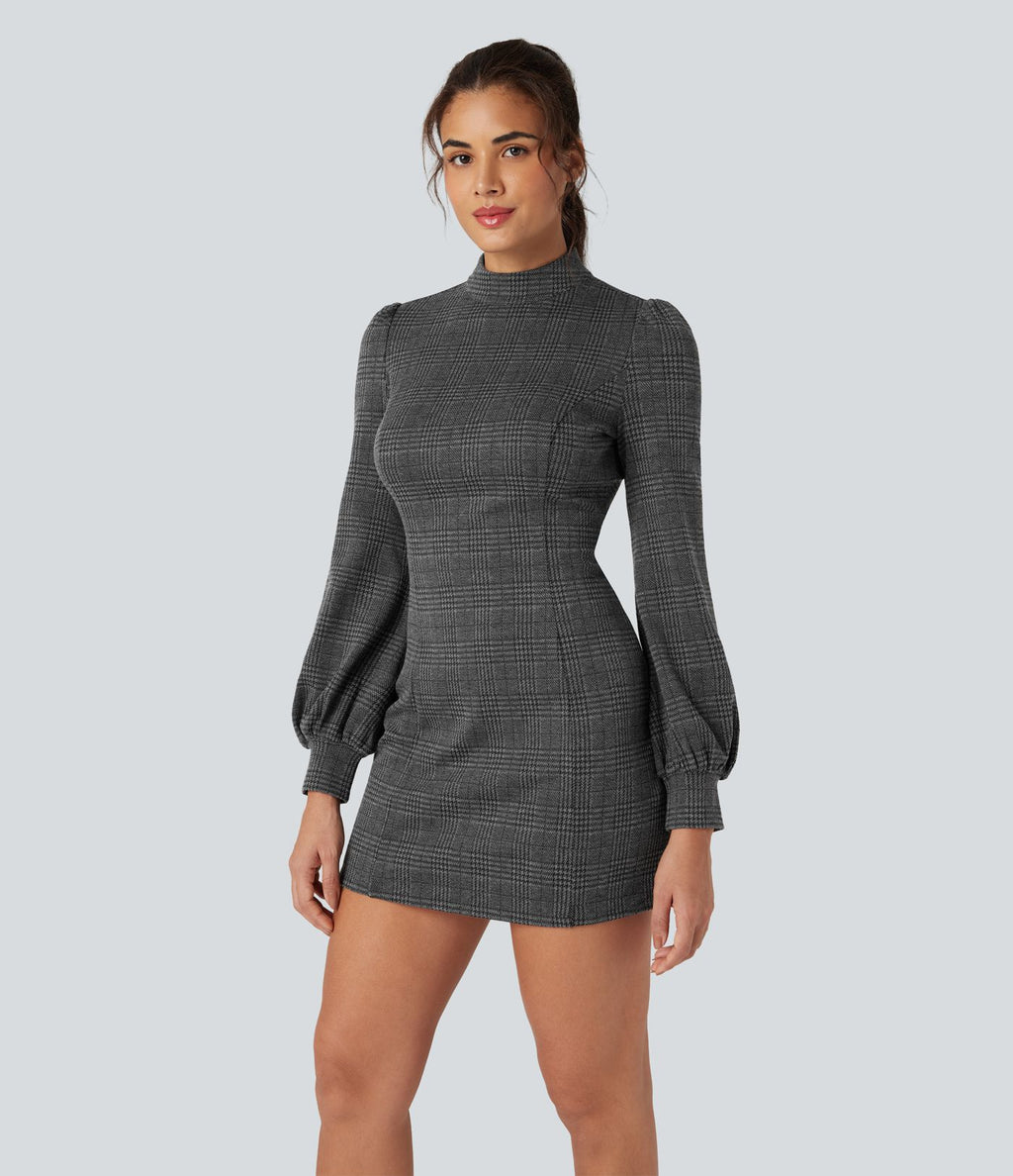 Robe courte col montant manches longues pied-de-poule carreaux