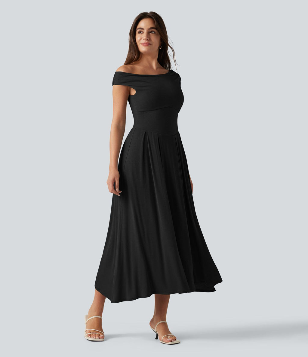 Robe midi casual fluide côtelée gainante à épaules dénudées