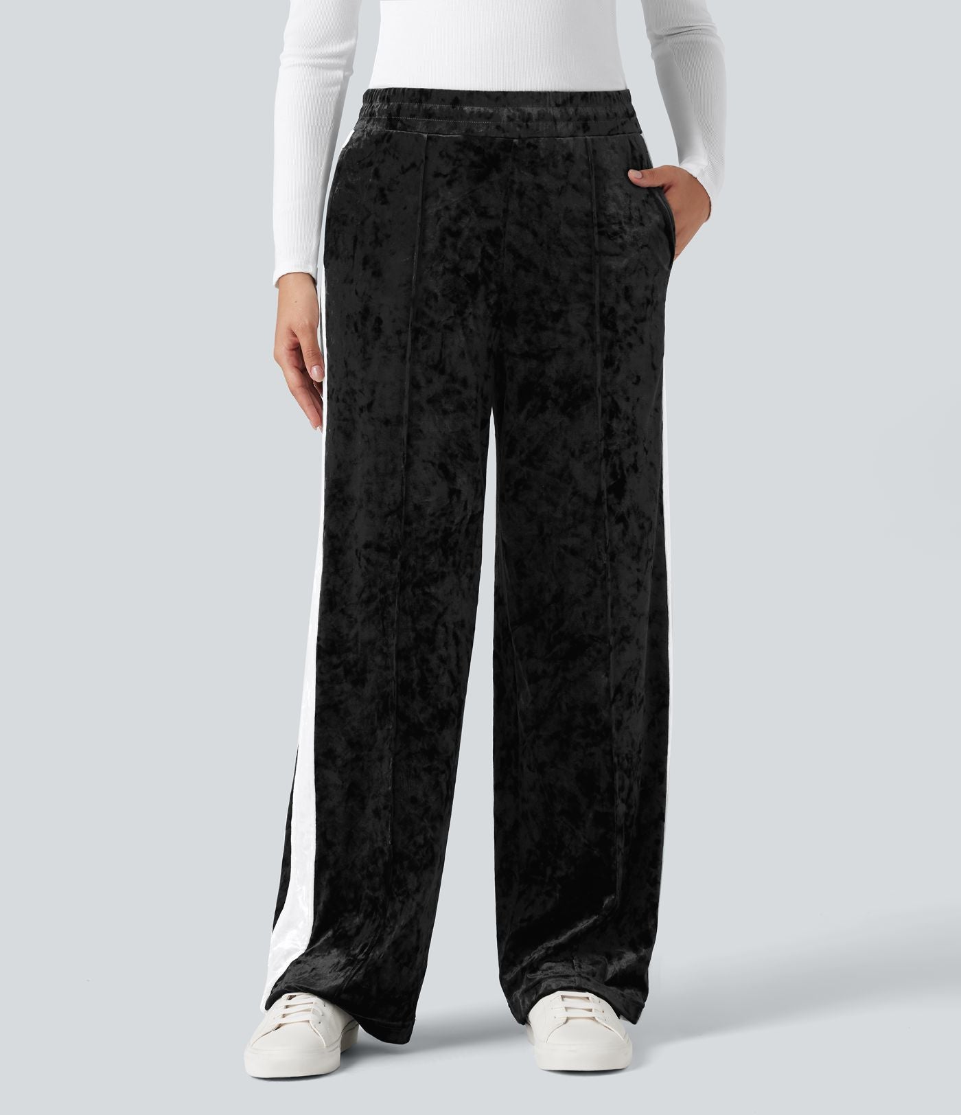 Pantalon velours coupe droite color block taille mi-haute avec cordon de serrage et poches