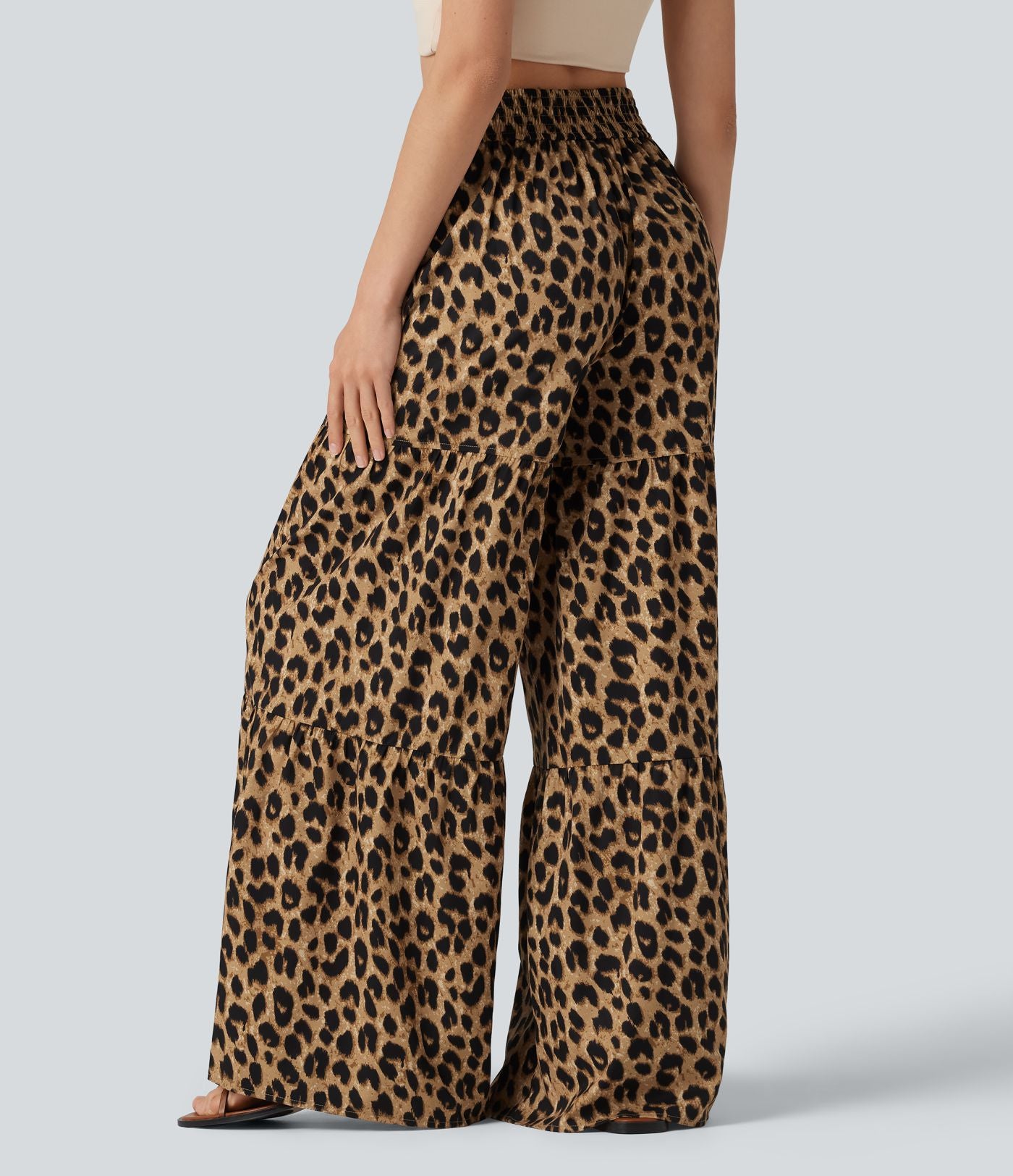 Pantalon ample décontracté taille mi-haute avec nœud devant imprimé léopard avec poches