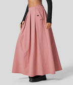 Jupe Casual Maxi Évasée à Taille Haute avec Plis et Poches Latérales Effet Lin