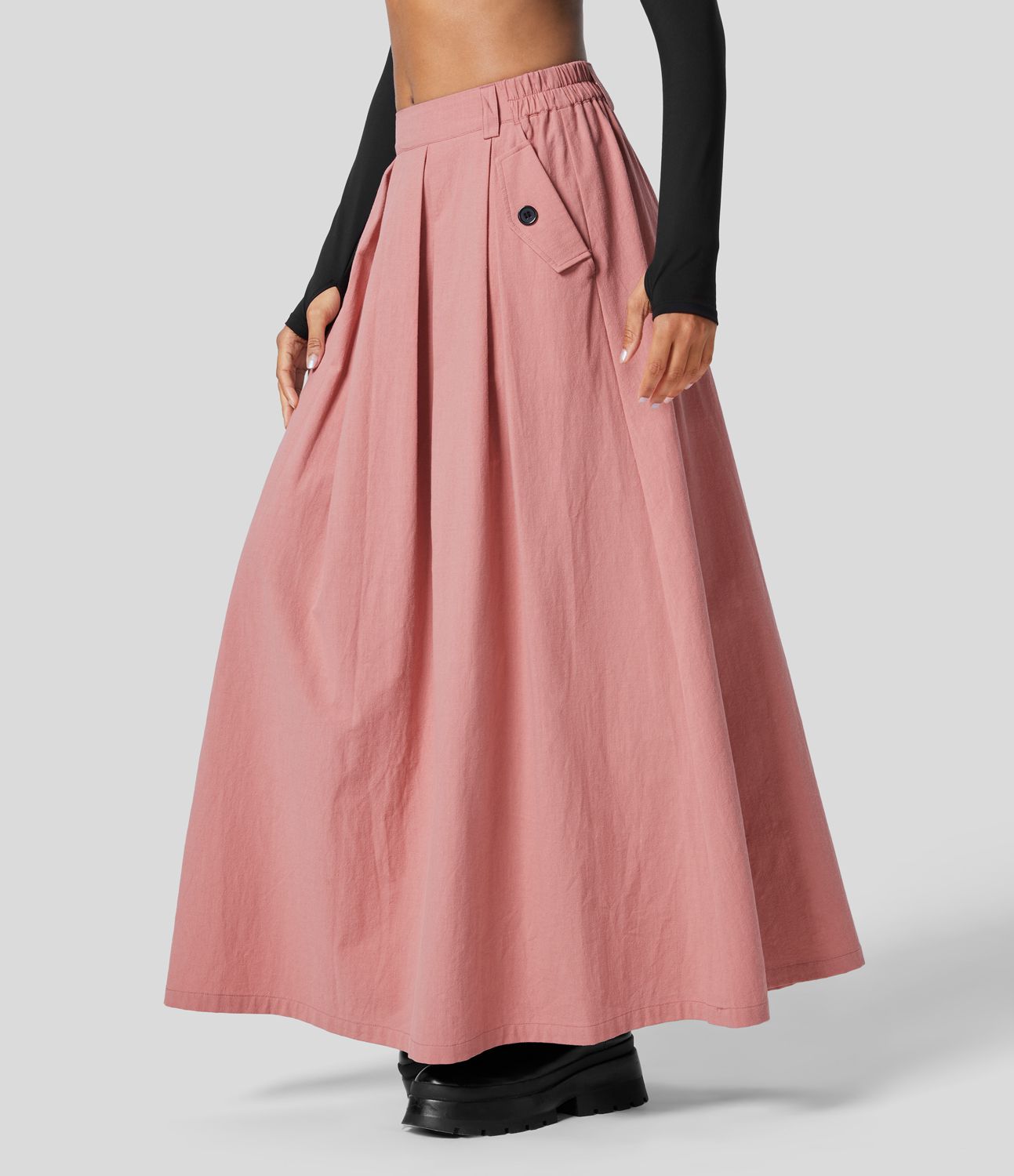 Jupe Casual Maxi Évasée à Taille Haute avec Plis et Poches Latérales Effet Lin
