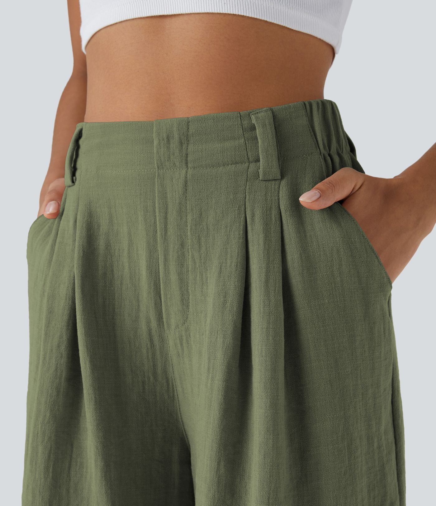 Bermuda Large Fluide Taille Haute avec Plis et Poches Latérales en Lin Synthétique