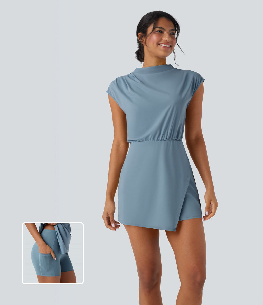 Robe de travail courte 2 pièces col montant manches courtes séchage rapide avec poche-UPF40+