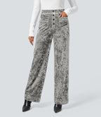 Pantalon Casual en Velours Taille Haute avec Bouton Multipoches Droites