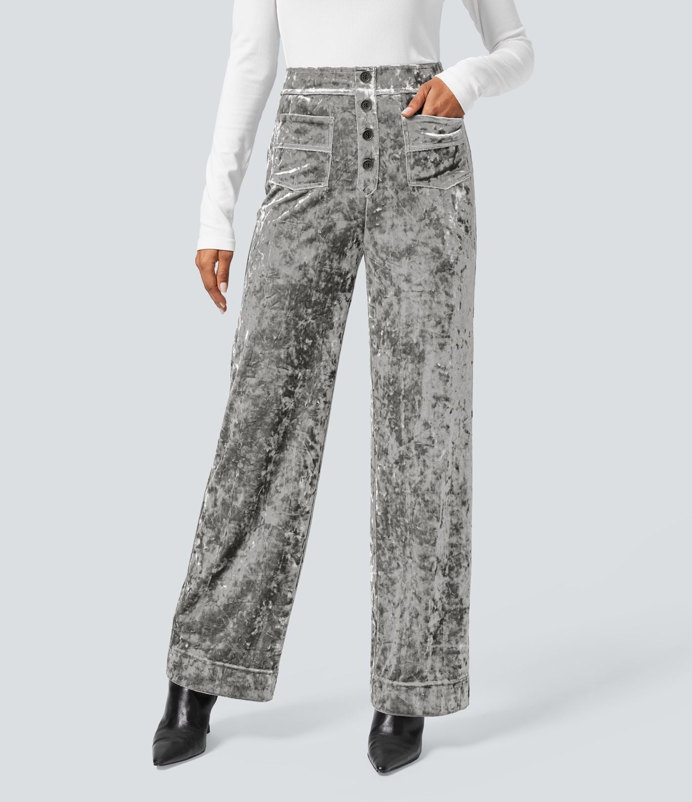 Pantalon Casual en Velours Taille Haute avec Bouton Multipoches Droites