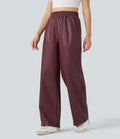 Pantalon décontracté tissu enduit taille haute coupe droite avec poches