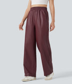 Pantalon décontracté tissu enduit taille haute coupe droite avec poches
