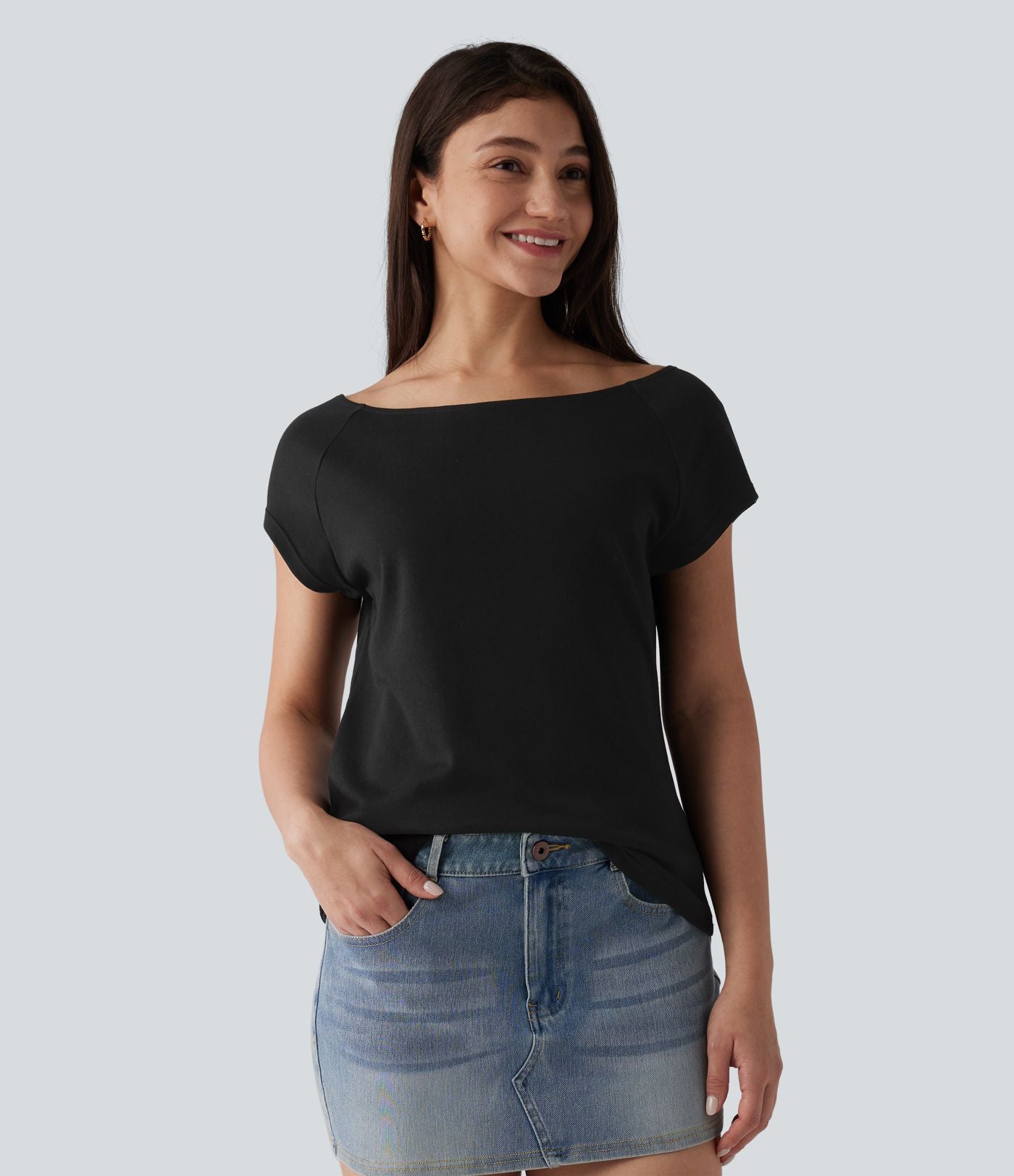 T-shirt décontracté col bateau manches courtes coton