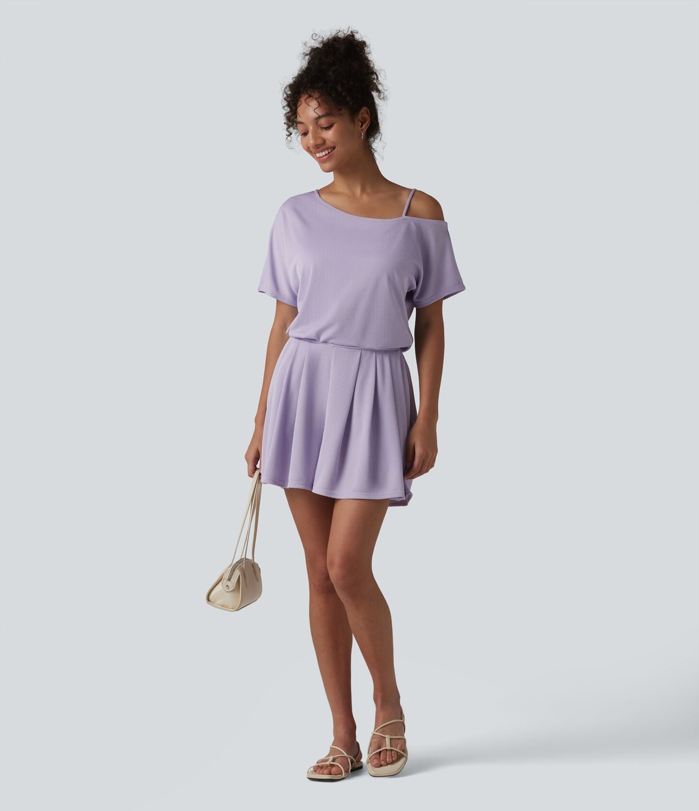 Combishort casual asymétrique manches courtes plissé en nid d'abeille avec poches - Édition Easy Peasy