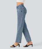 Halara Flex™ Jean droit extensible à taille haute avec bouton, fermeture éclair et poches multiples