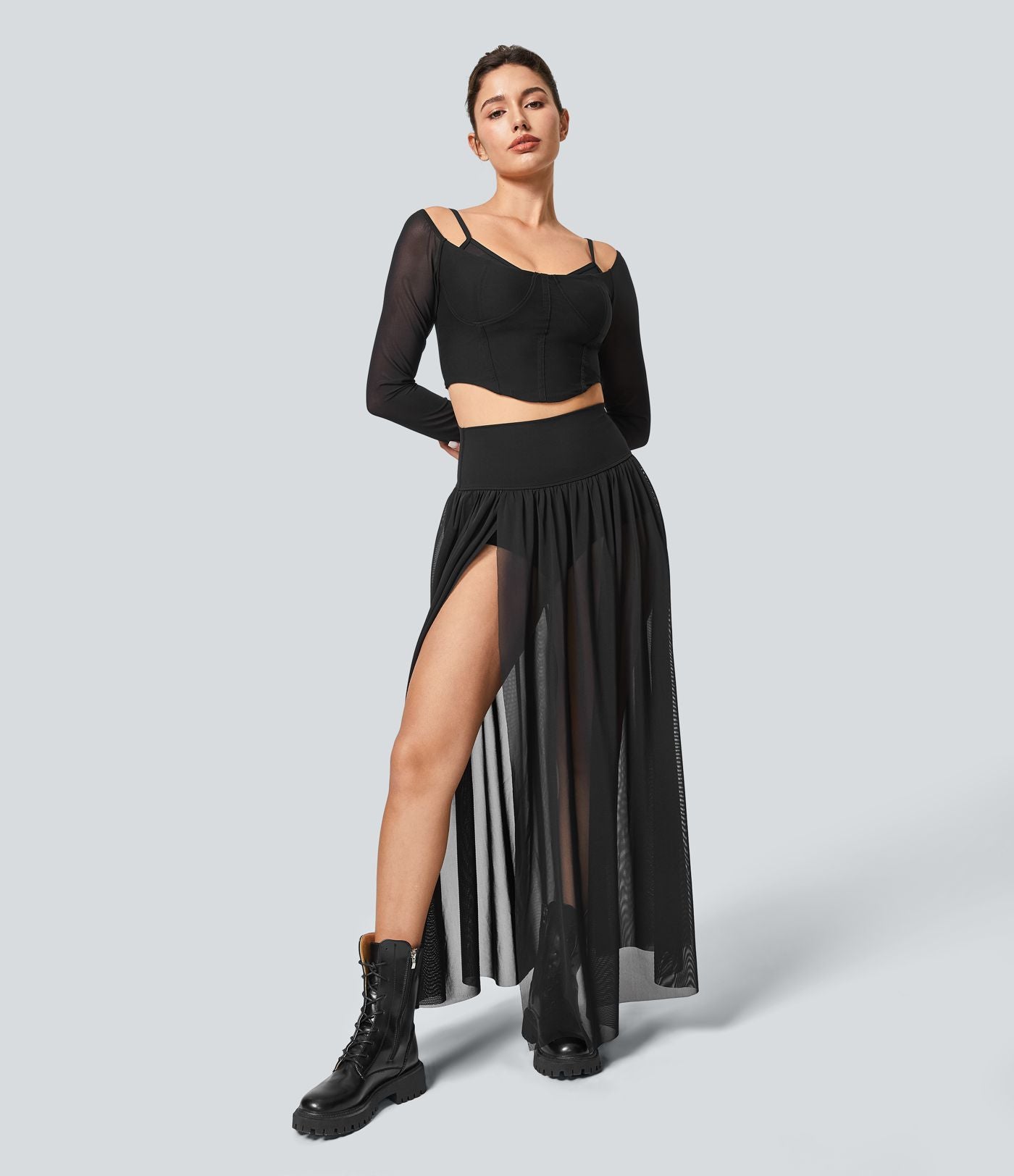 Jupe Casual Taille Haute Maxi Fluide Mesh Fente Plissée 2 en 1