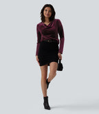 Top velours col drapé manches longues