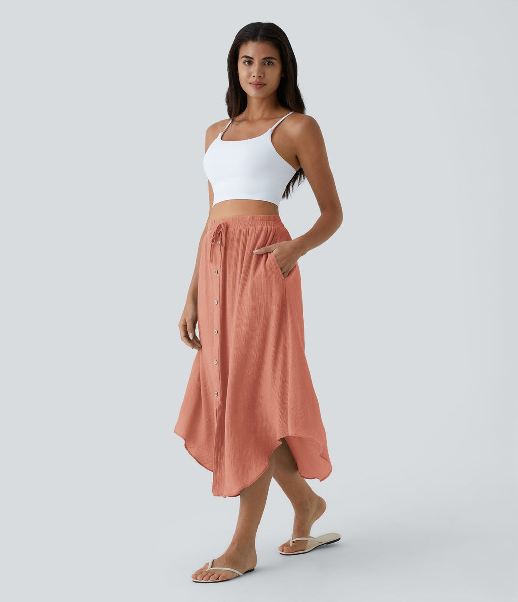 Jupe Midi Fluide Taille Haute Cordon de Serrage Boutonnés Poches Latérales