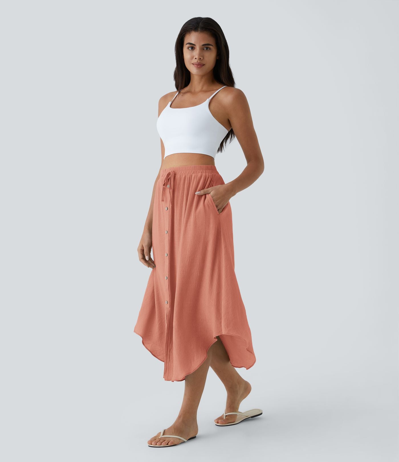 Jupe Midi Fluide Taille Haute Cordon de Serrage Boutonnés Poches Latérales